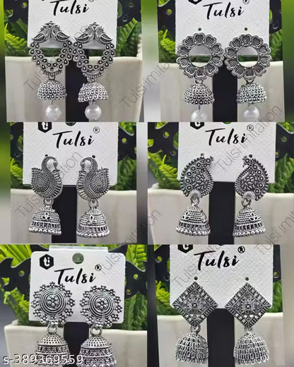 6 Pairs of Antique Designer Oxidized Jhumka Ear Rings