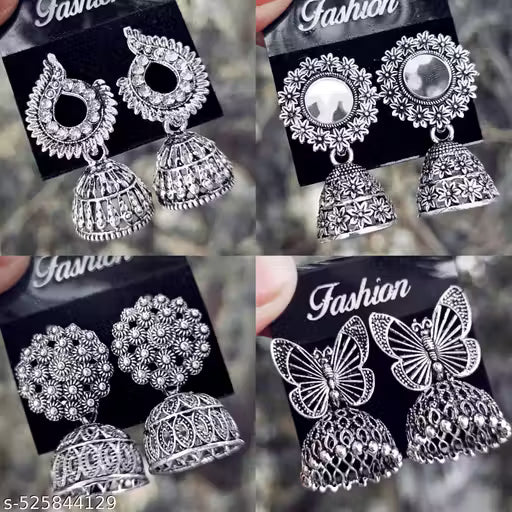 Latest Designer Jhumki Silver Earrings Set Combo Of 4