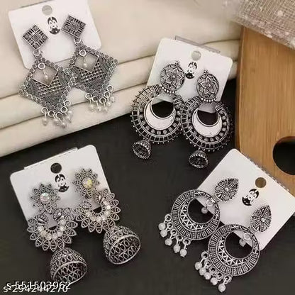 4 set of the 2026 Jhumki Oxidized Silver Drop and Dangles Hoop Earrings