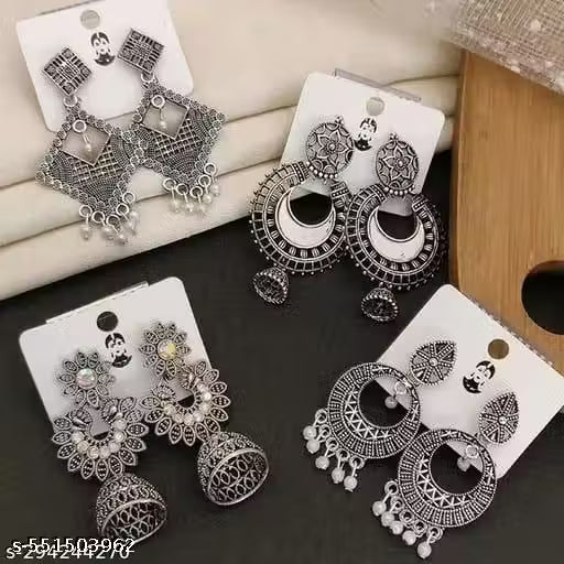 4 set of the 2026 Jhumki Oxidized Silver Drop and Dangles Hoop Earrings